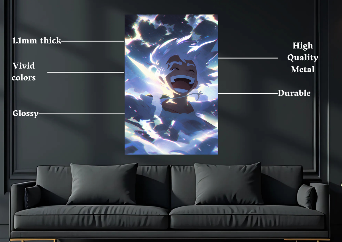 One Piece Gear 5 Luffy laughing metal poster room mockup