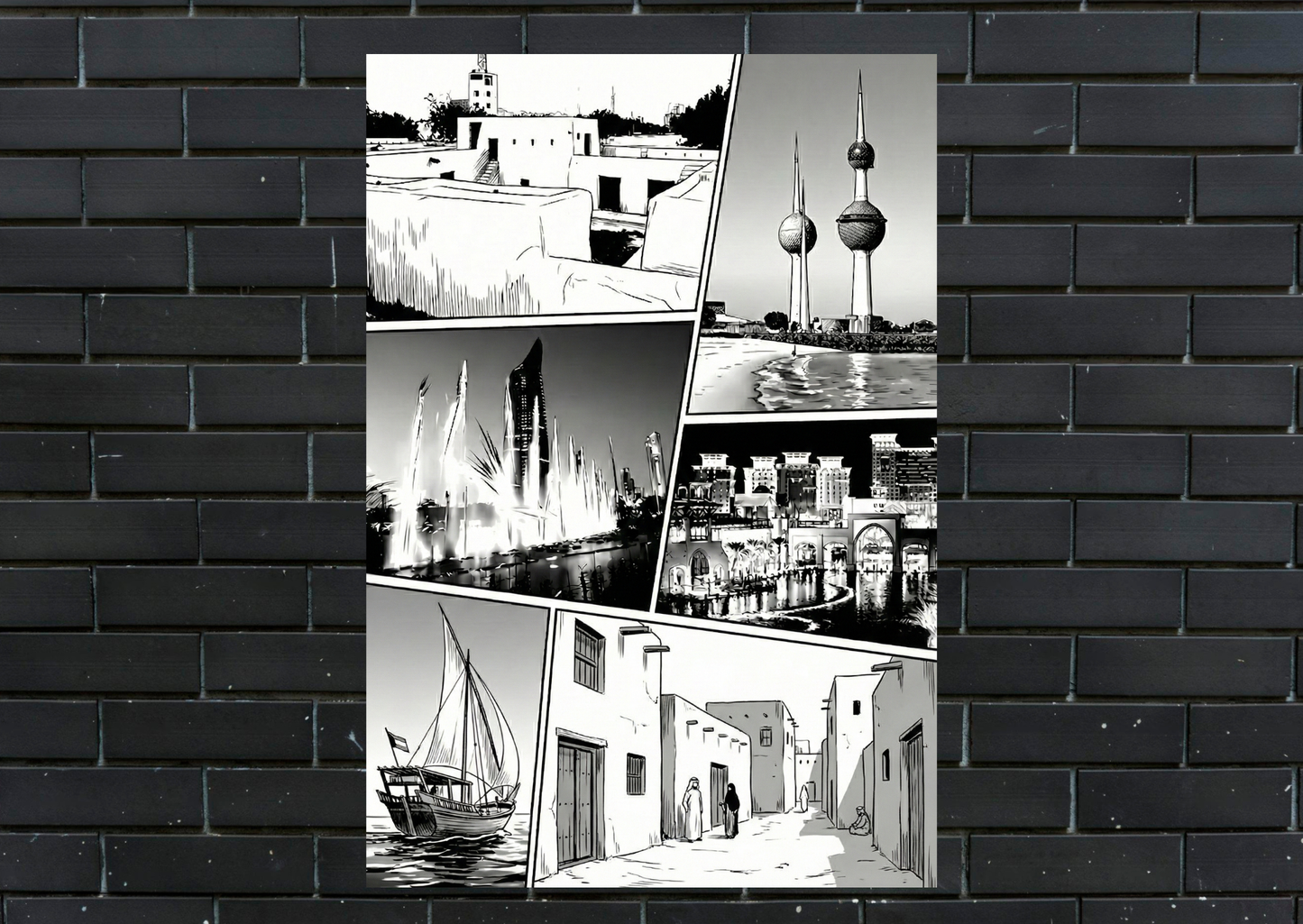 Kuwait Black and White Panel Metal Poster-Wall Decor