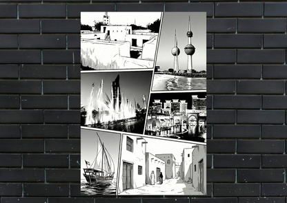 Kuwait Black and White Panel Metal Poster-Wall Decor