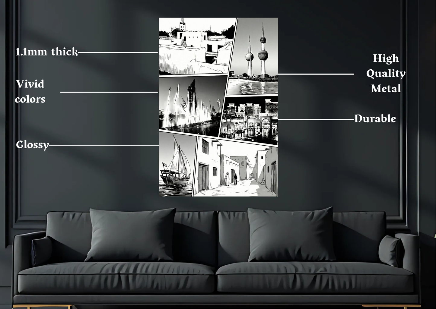 Kuwait Black and White Panel Metal Poster-Wall Decor