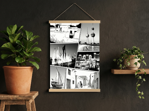 Kuwait Black and White Panel Scroll Wall Decor