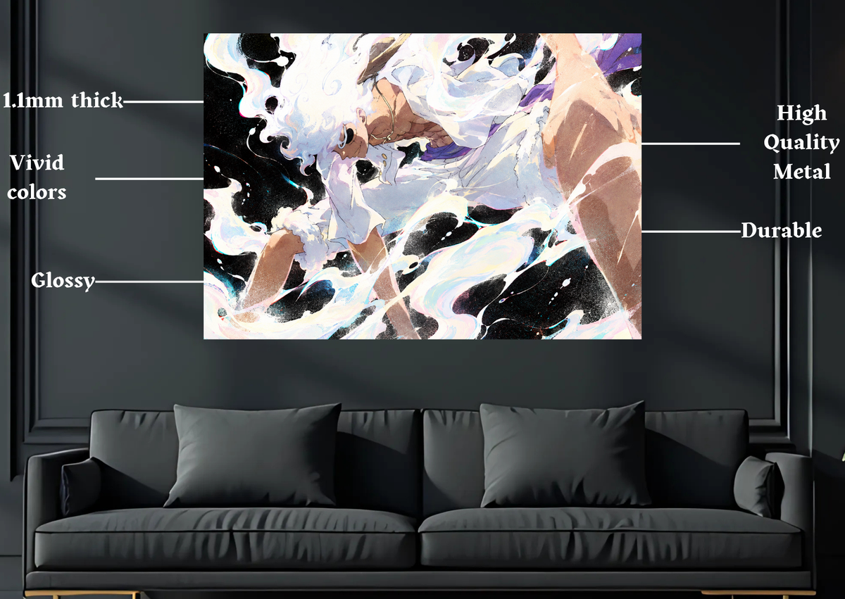 One Piece Gear 5 Luffy action metal poster room mockup